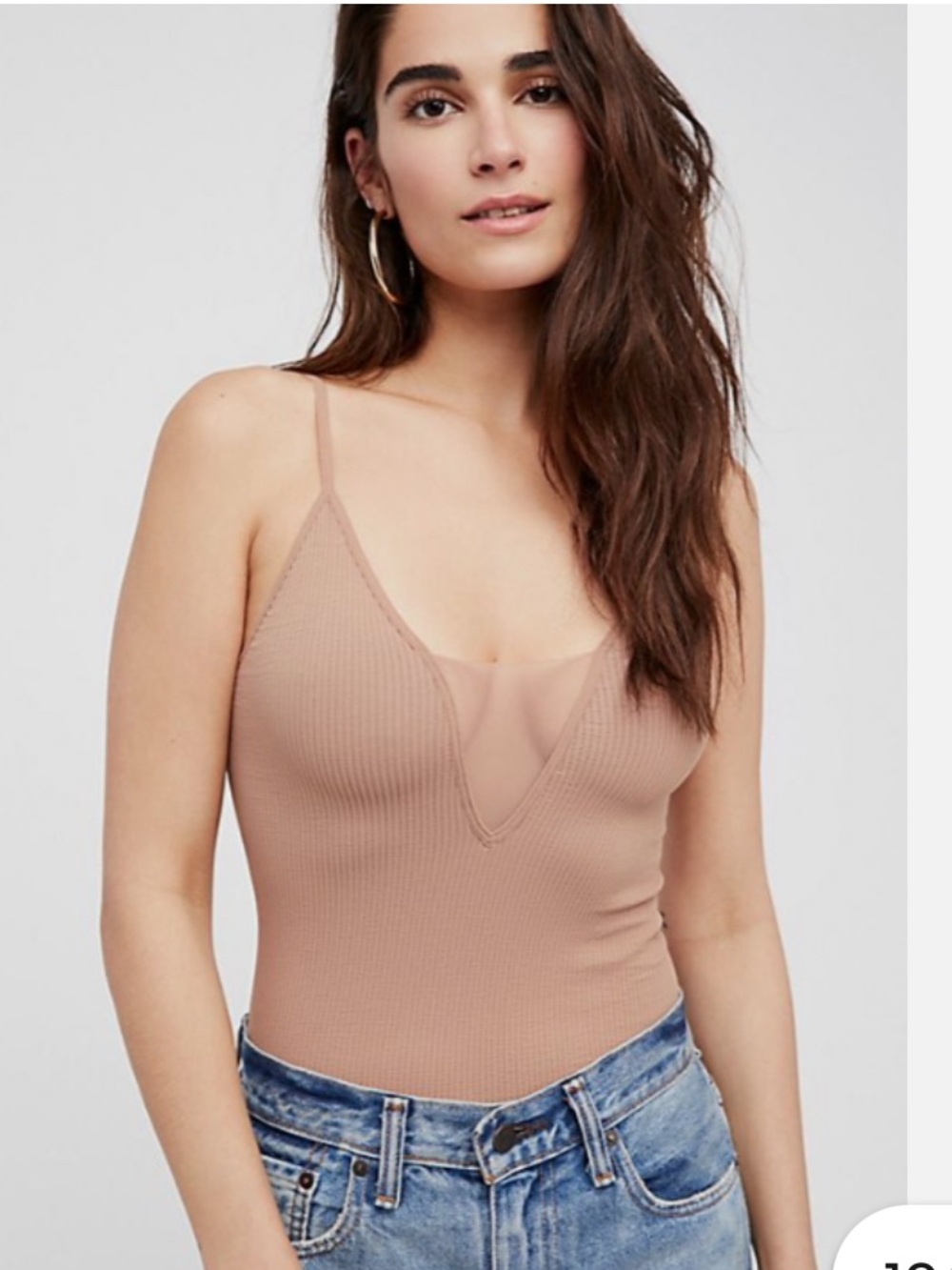 Free People light brown Ribbed V-Plunge Tank with sheer webbing between chest